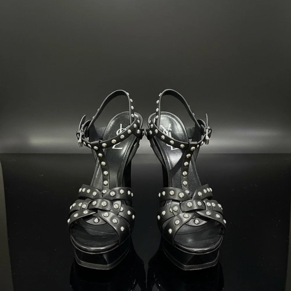Saint Laurent TRIBUTE SILVER STUDDED Sandals RARE/ EUC - Picture 2 of 14
